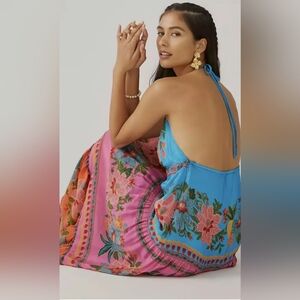 Anthropologie Blue and Pink Ruffled Halter Sundress